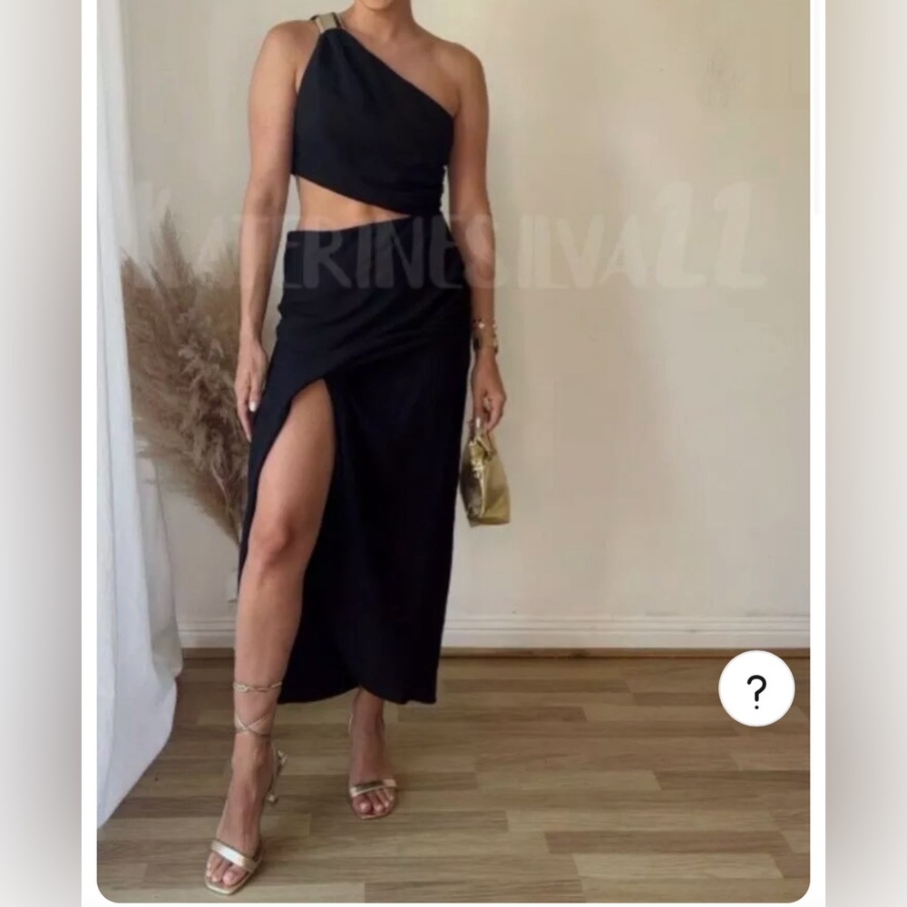 ZARA BLACK GOLD APPLIQUÉ ASYMMETRIC MIDI DRESS